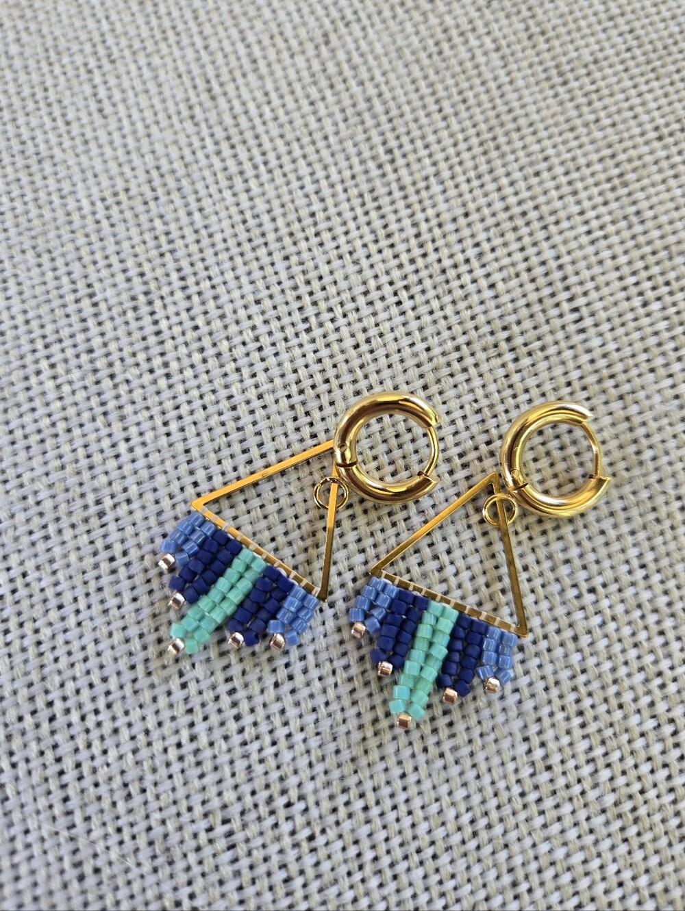 New Handmade Sage Bohème Triangle Drop Earrings On Huggies - Gold, Blue, Green